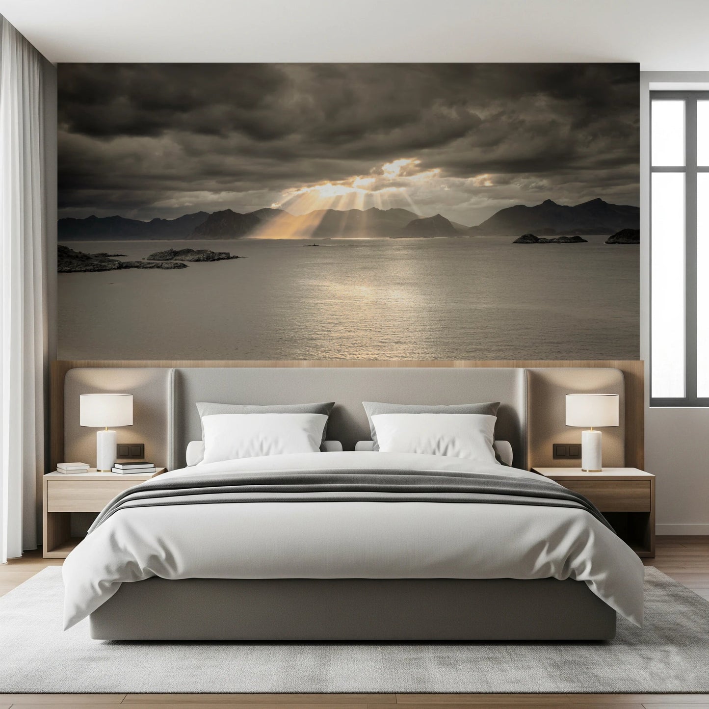 Bedroom featuring Sunset of Norwegian Fjord Wall Mural over calm coastal water
