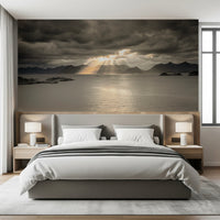 Bedroom featuring Sunset of Norwegian Fjord Wall Mural over calm coastal water