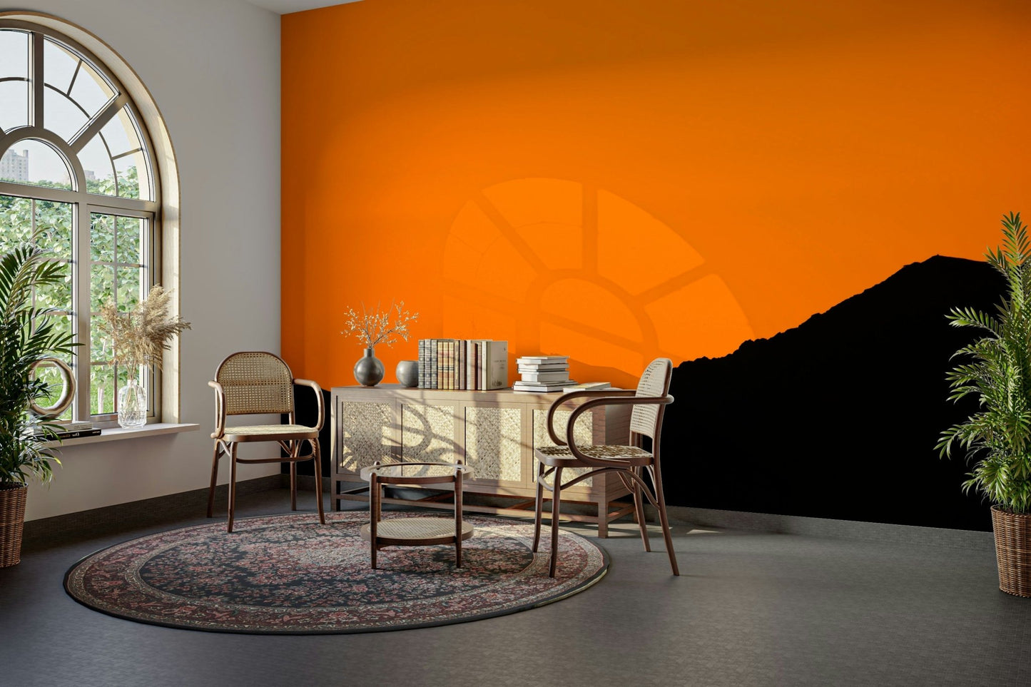 A peaceful sunrise scene mural on decorative wallpaper.

