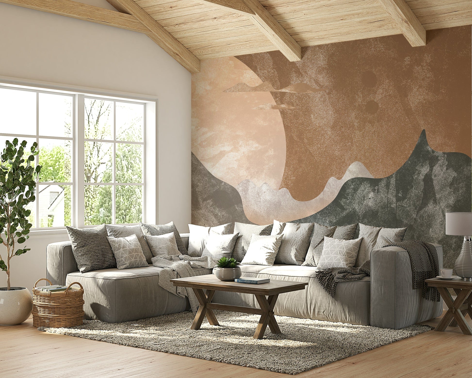 Large sun behind dark peaks mural

