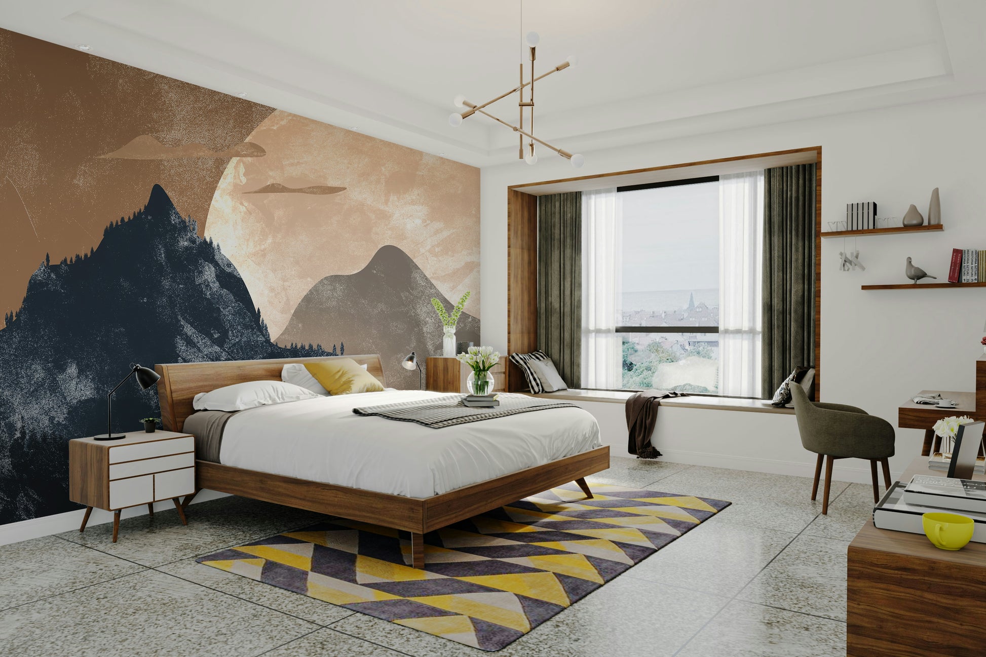 Birds flying at sunset mural

