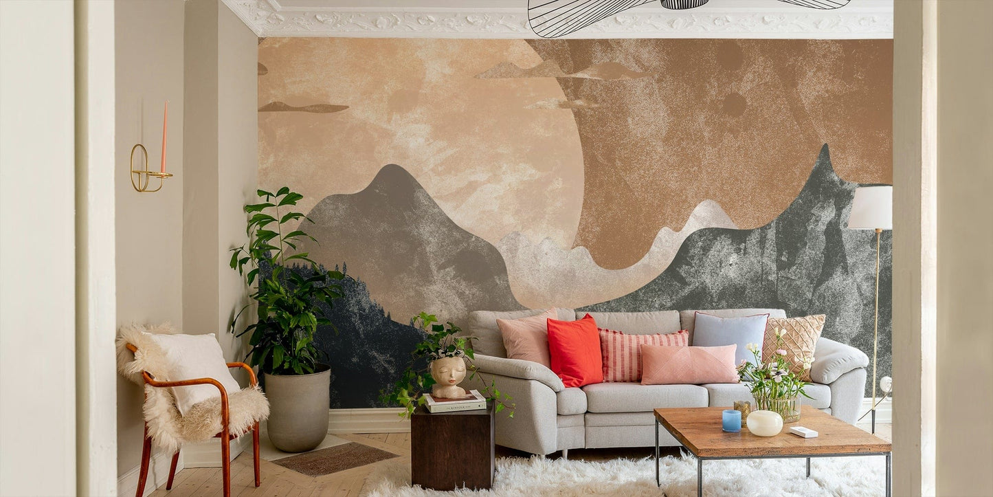 Sunset behind tall peaks wallpaper

