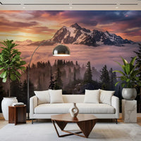 Sunset Peak Serenity wall mural featuring forest and misty clouds, GD9250