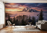Living room setup with Sunset Peak Serenity wall mural forest and mountains, GD9250