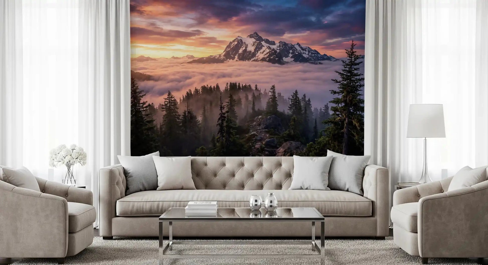 Scenic landscape wall mural featuring Sunset Peak Serenity composition, GD9250