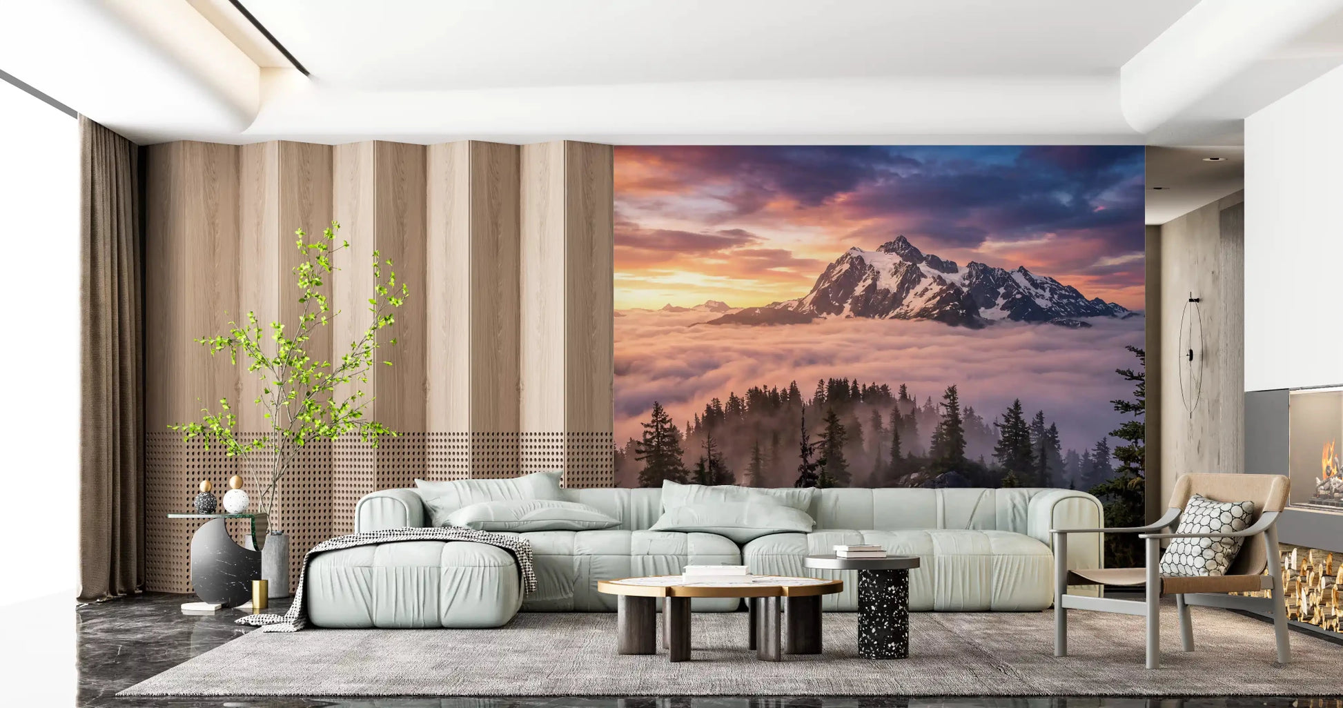 Living room styled with Sunset Peak Serenity wall mural mountain view, GD9250