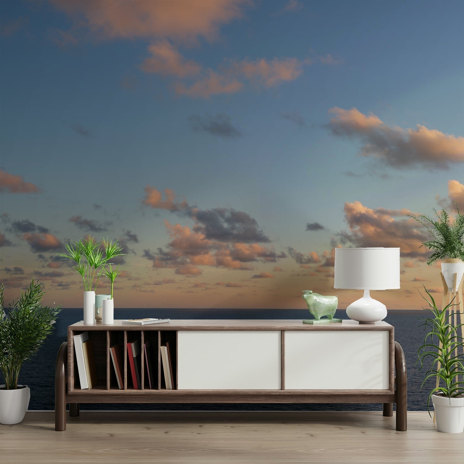 A calming cloudscape design wallpaper mural that defines a space., GD4644