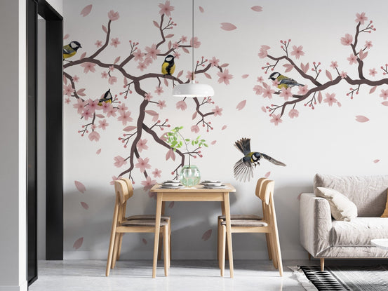 Sunset Titmouse Cherry Blossom Mural, B819