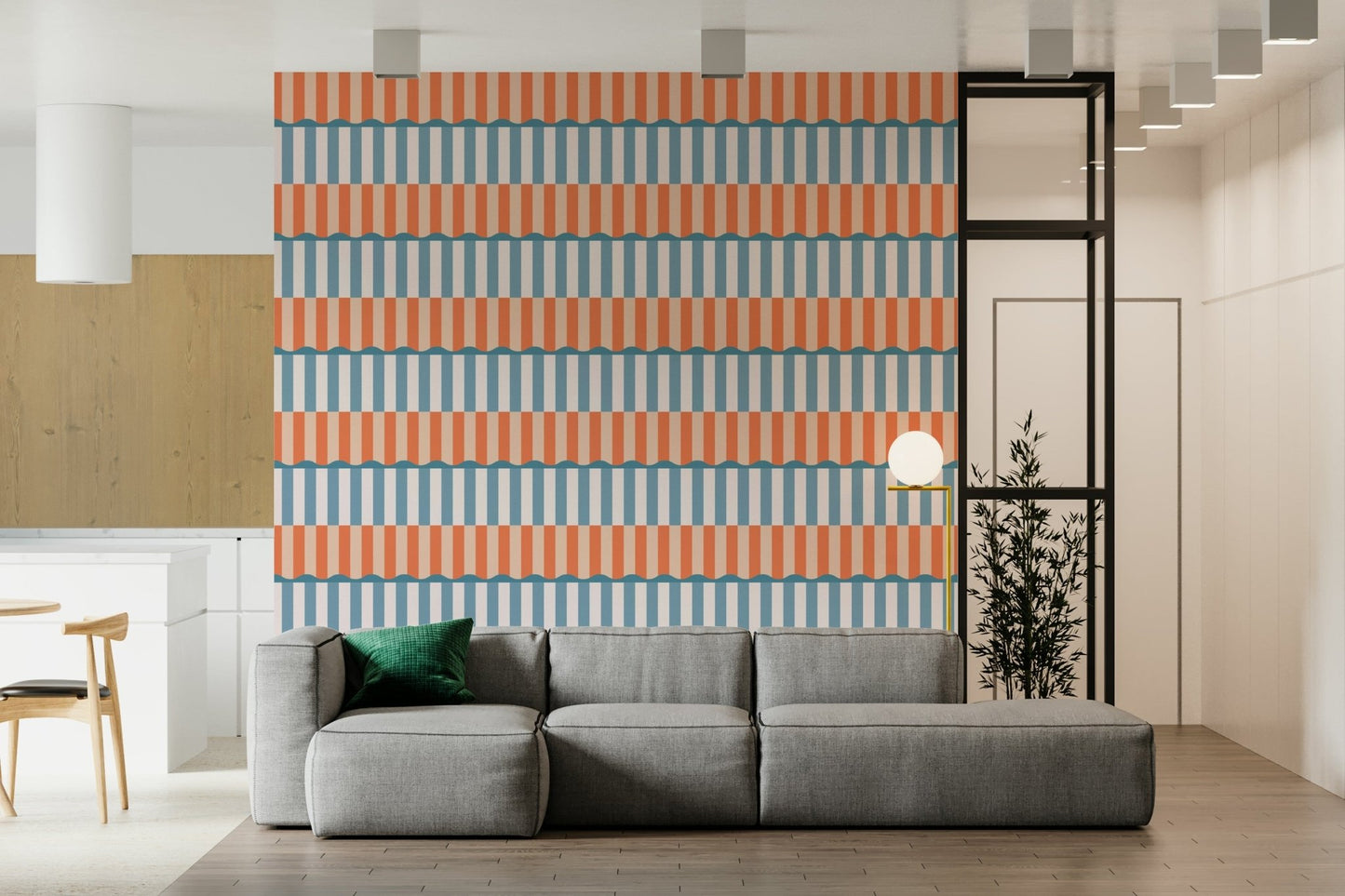A vibrant corner enhanced by the unique Sunset Waves Wallpaper.