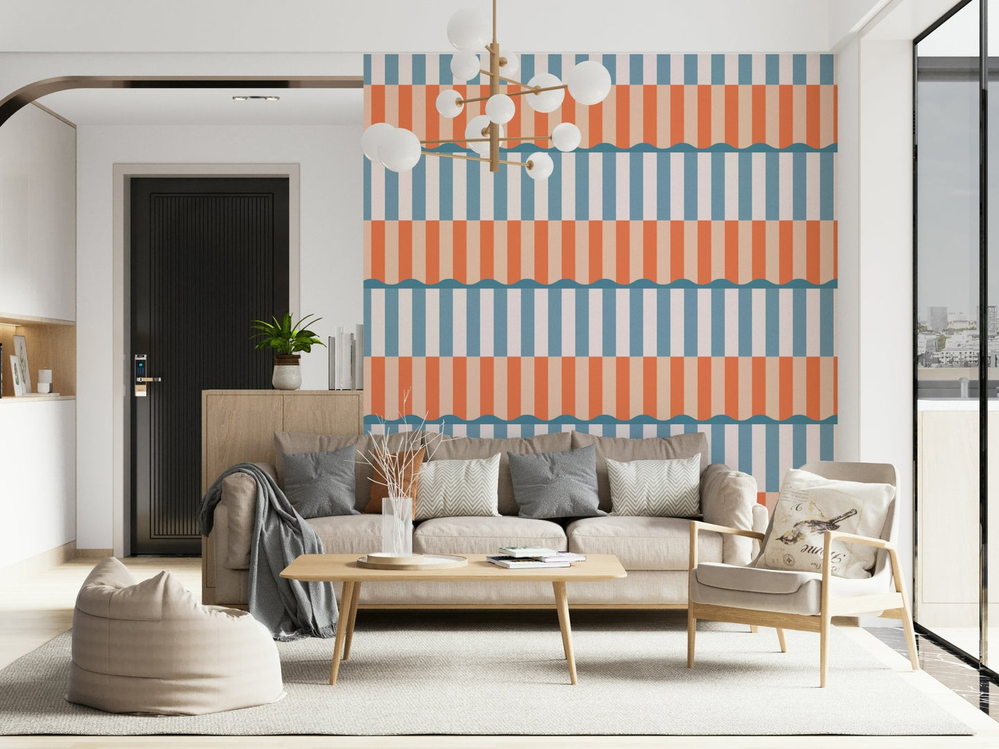 Living room featuring the gorgeous Sunset Waves Wallpaper backdrop.