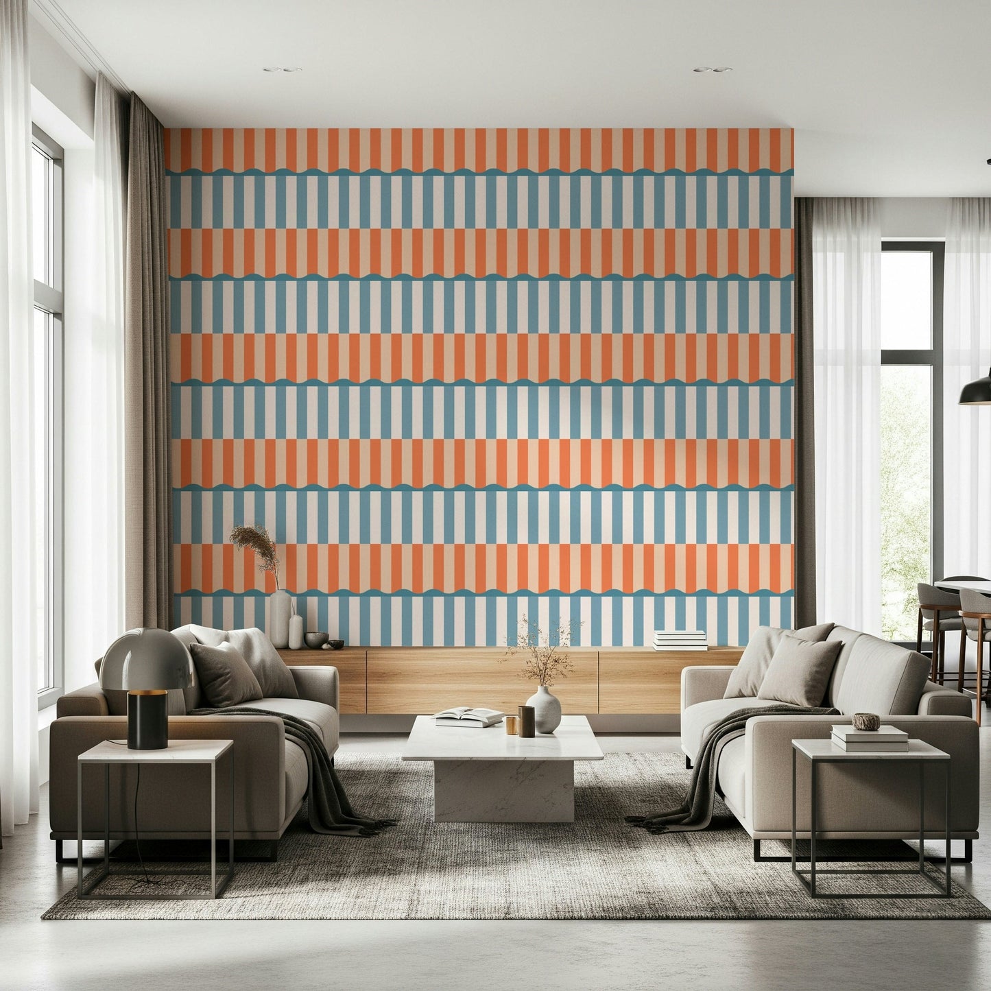 Sunset Waves Wallpaper providing a peaceful backdrop to furniture.