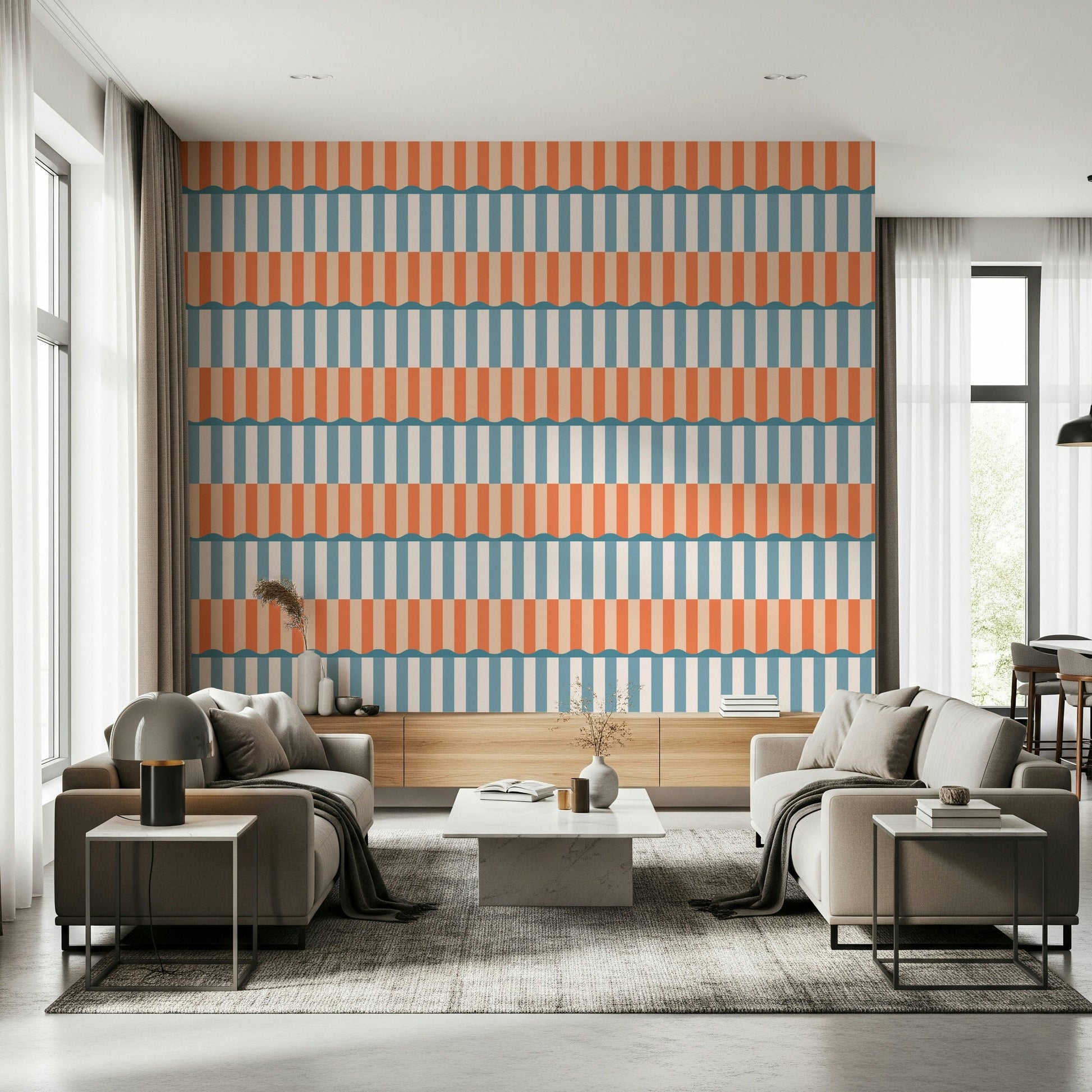 Sunset Waves Wallpaper providing a peaceful backdrop to furniture.