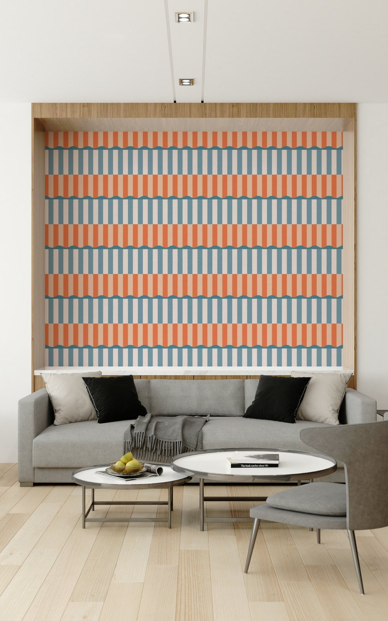 Dining area showcasing the elegance of Sunset Waves Wallpaper.