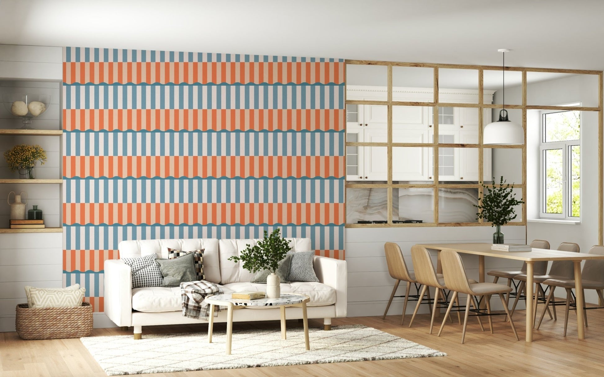 Bedroom wall featuring the serene Sunset Waves Wallpaper design.