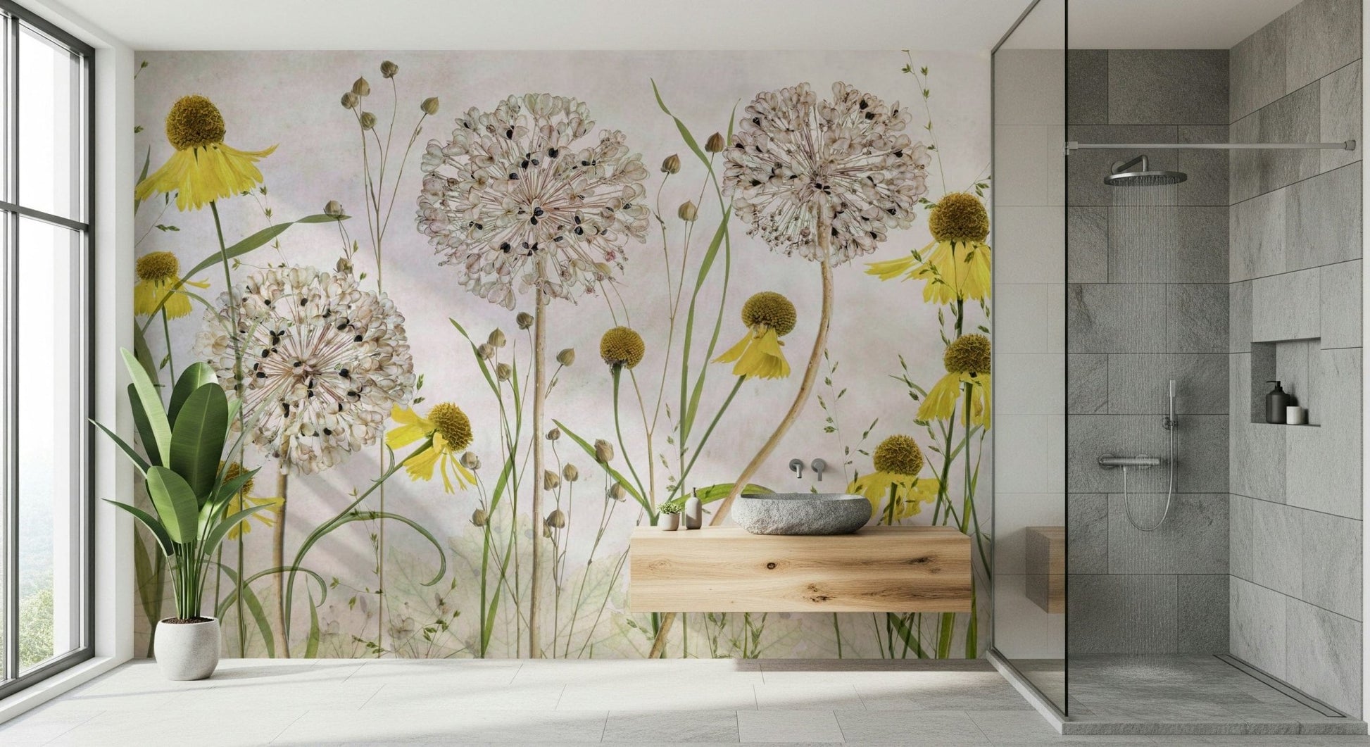 A contemplative floral pattern wallpaper mural for a feature wall.