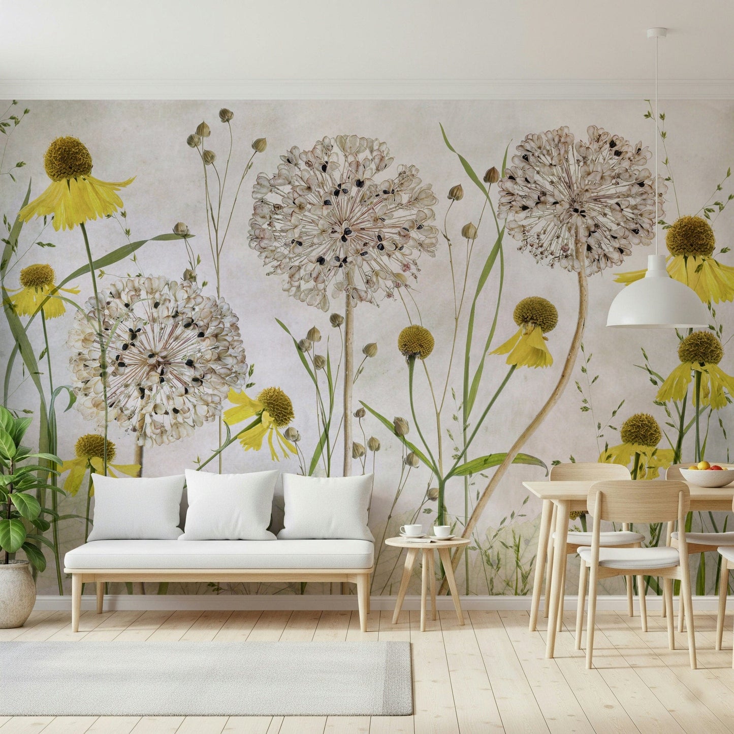 A peaceful flower design mural on decorative wallpaper.
