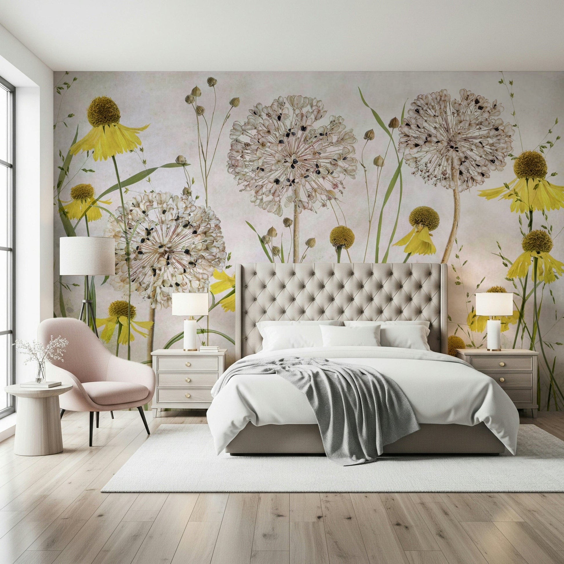 A graceful subtle flower wall mural in soft, yellow tones.