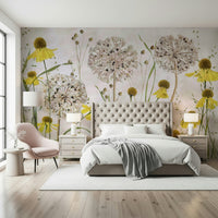 A graceful subtle flower wall mural in soft, yellow tones.