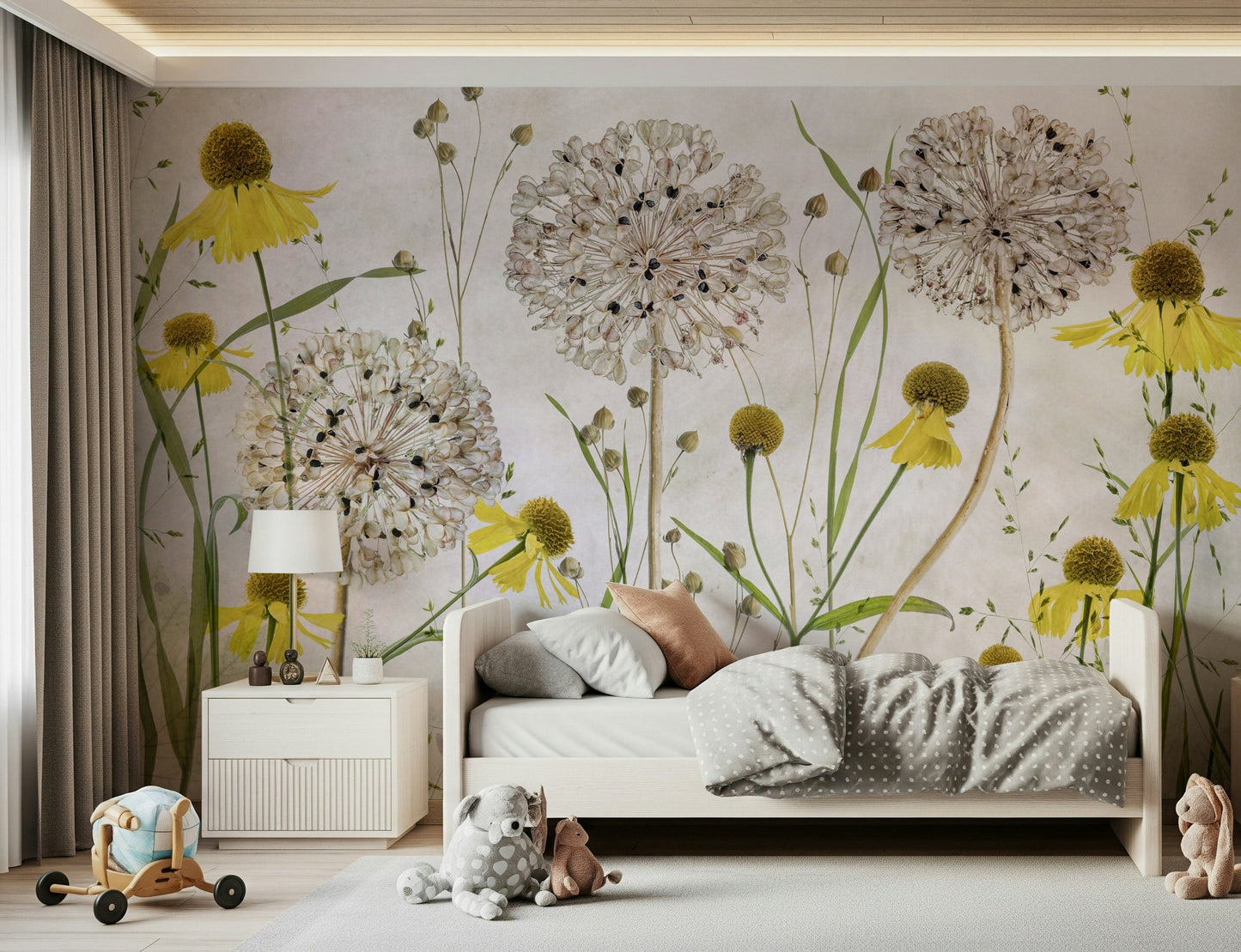 A calming floral design wallpaper mural that defines a space.