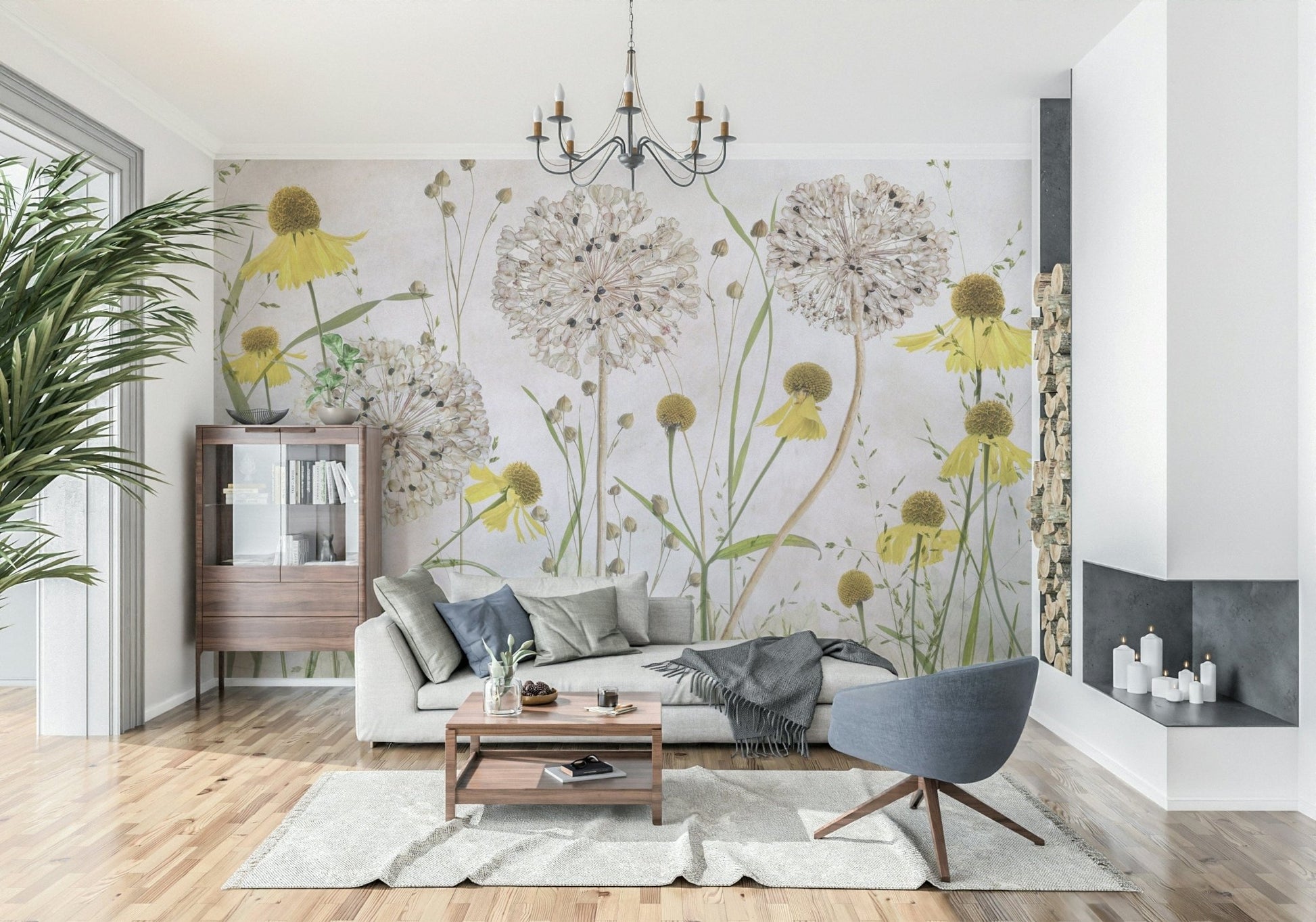 An artistic delicate bloom mural on minimalist wallpaper.