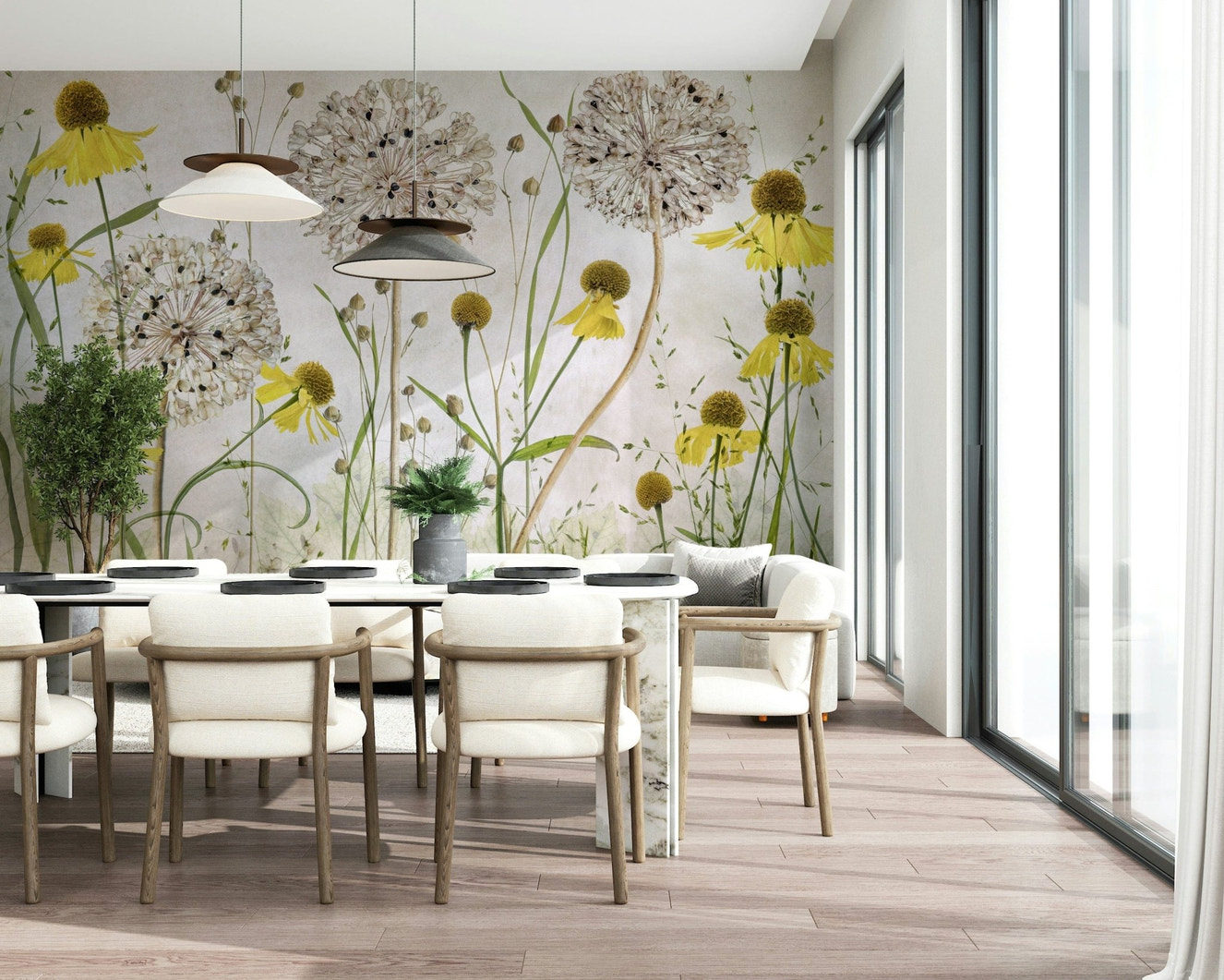 A beautiful bright floral wallpaper mural with sunlit flowers.