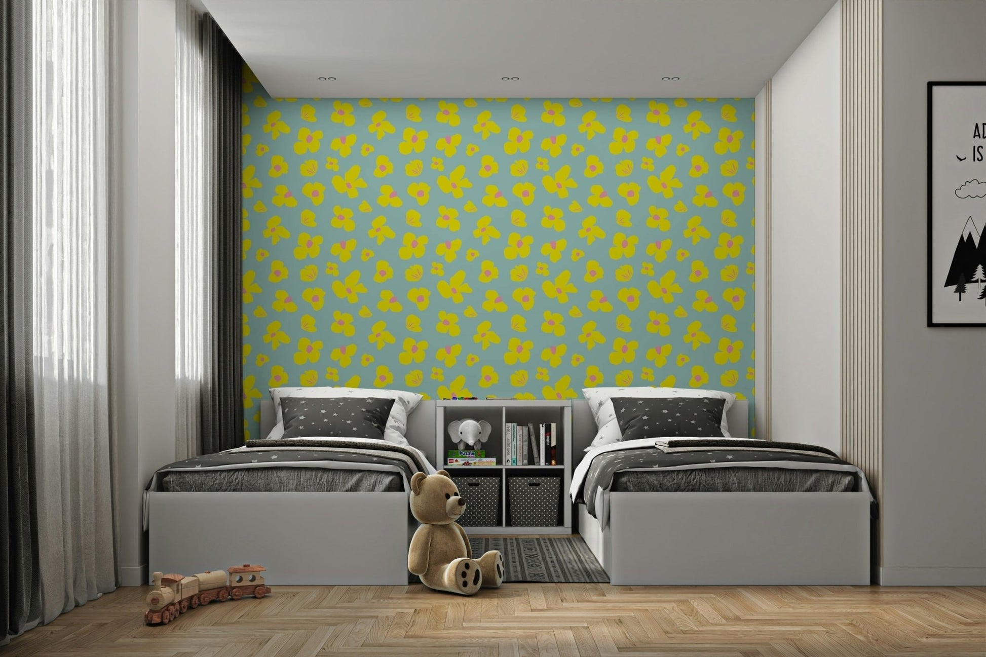 Sunshine Daisies Wallpaper behind modern furniture, GD957