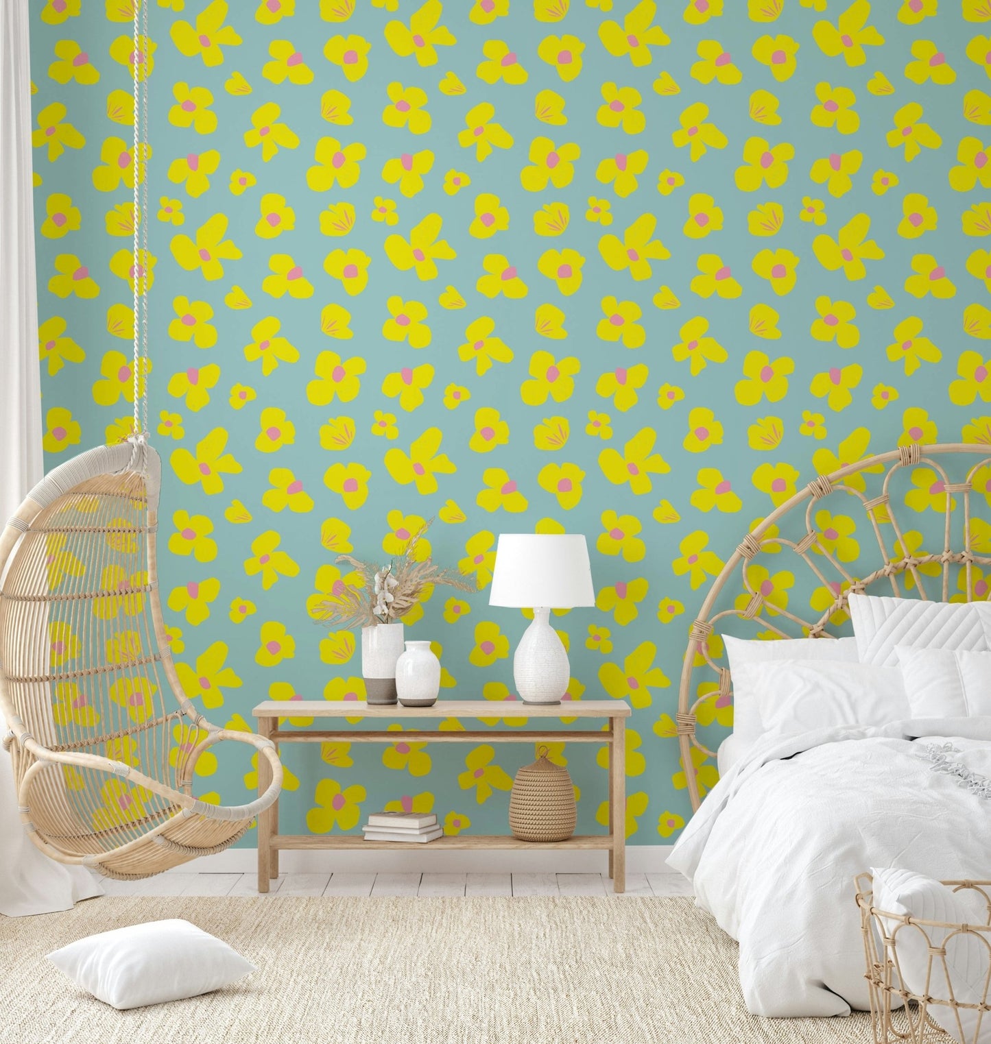 Minimalist room with sunshine daisy wall mural, GD957