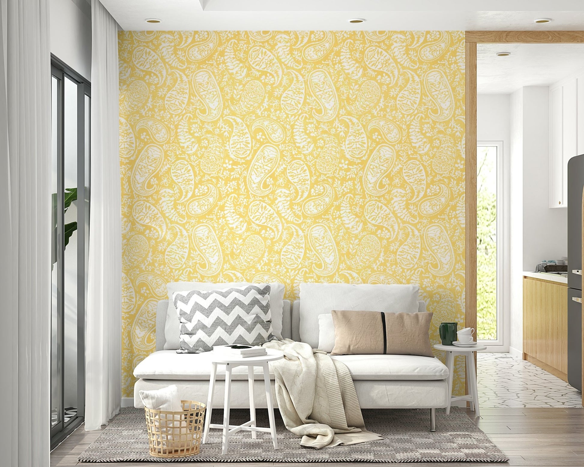 Warm palette of sunny yellows and cheerful oranges.

