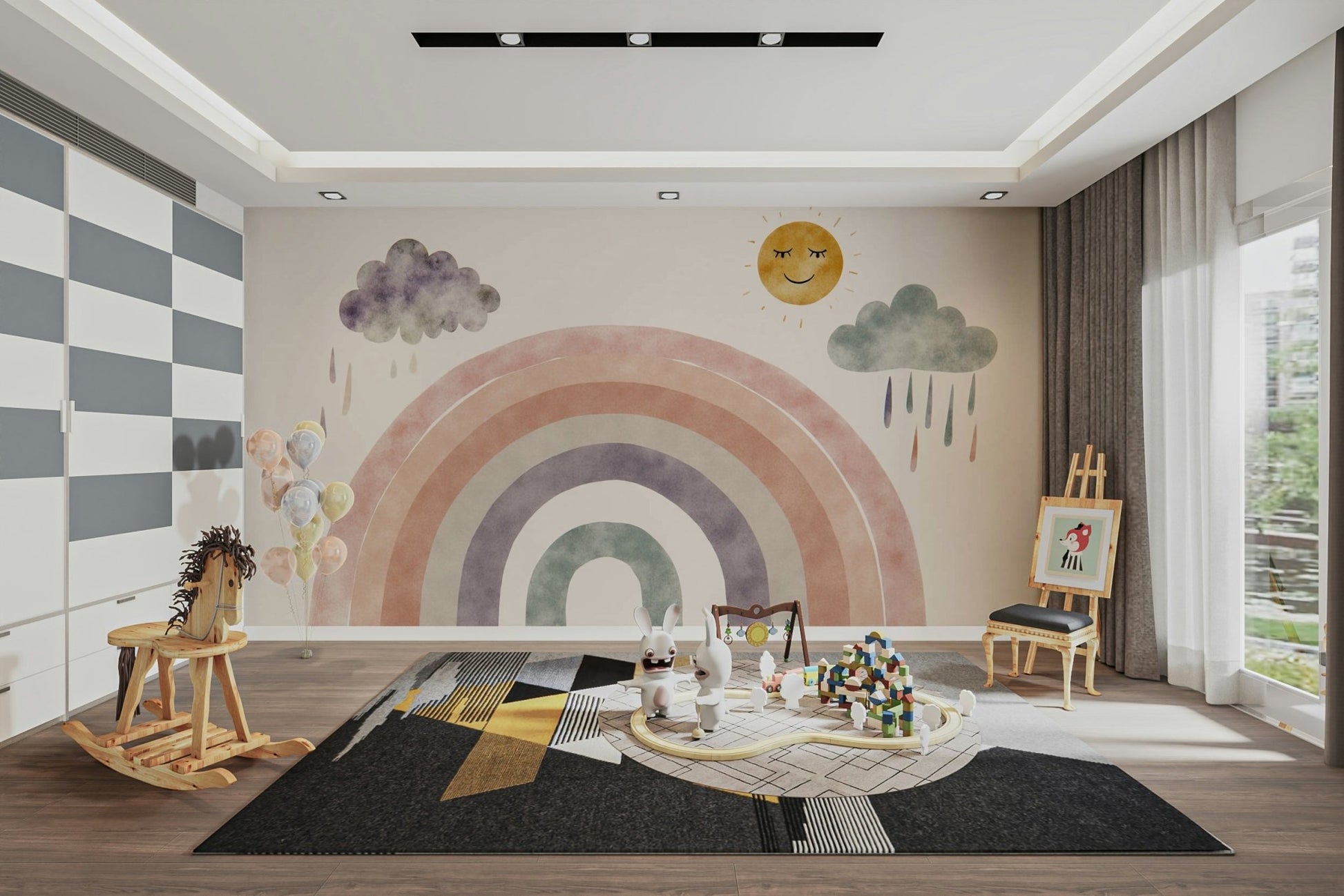 The rainbow arches over a simple, cheerful landscape.

