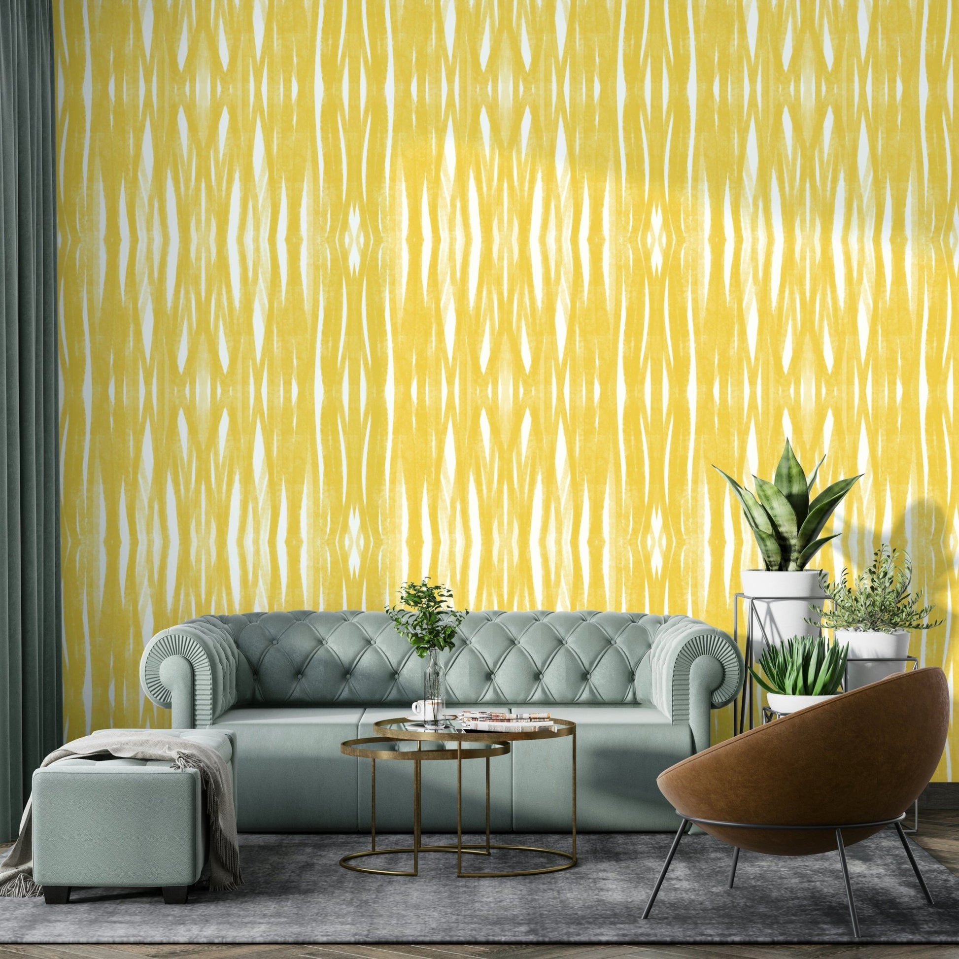 Yellow mural wallpaper with flowing strokes

