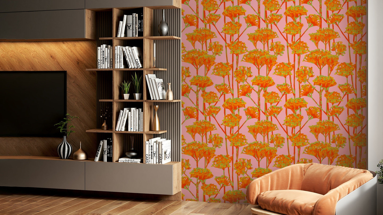 The image shows a full wall with a pattern of flowers and leaves.

