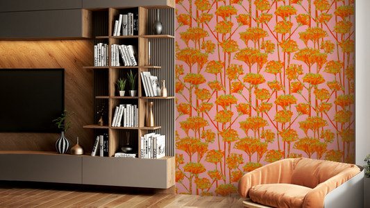 The image shows a full wall with a pattern of flowers and leaves.

