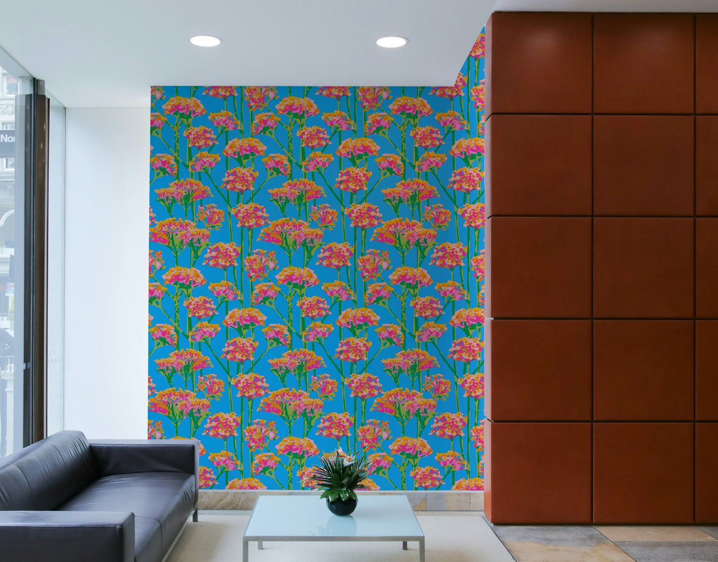 The image shows a full wall with a pattern of flowers and leaves. GD3656

