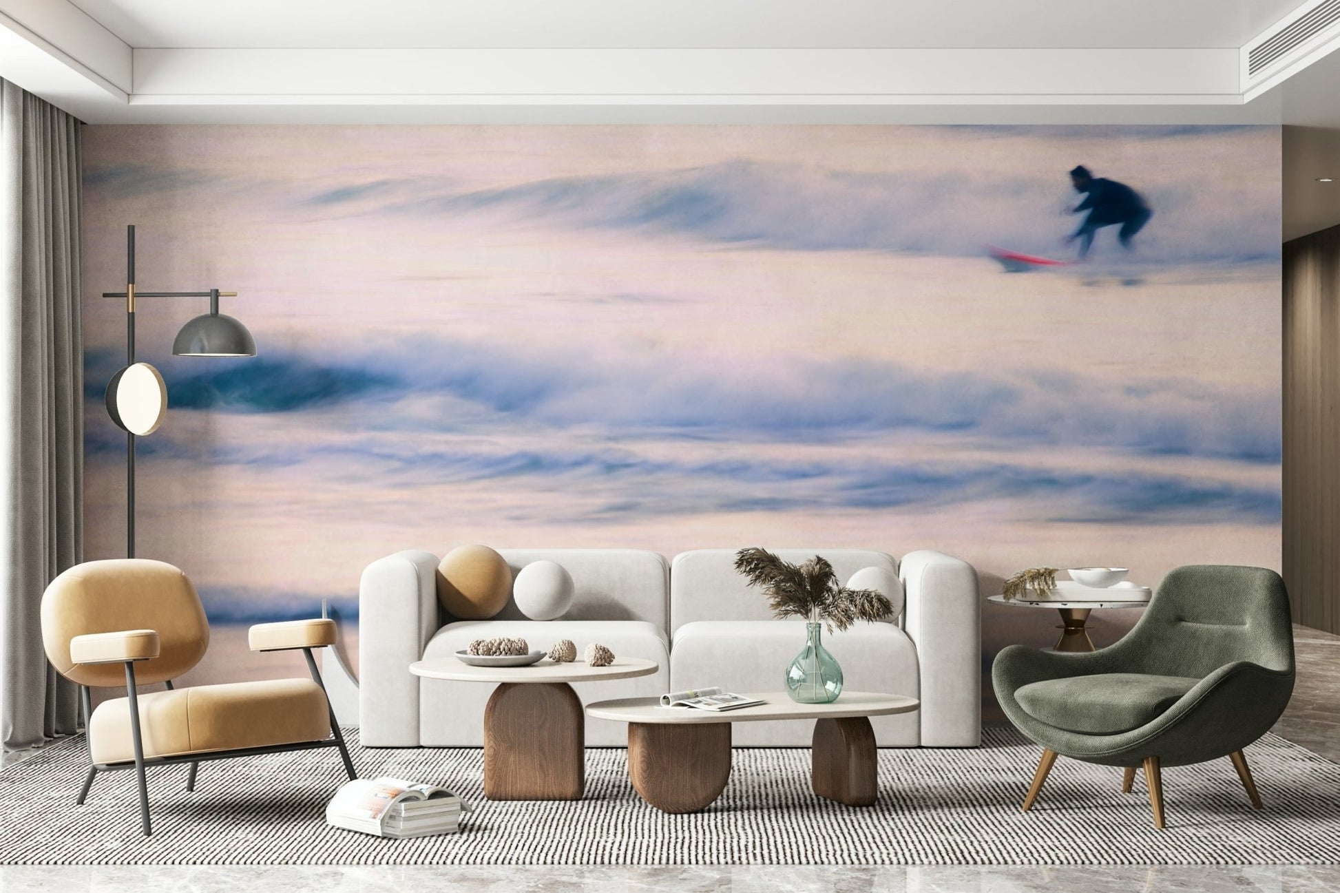 A graceful ocean motion wall mural in cool, natural tones.

