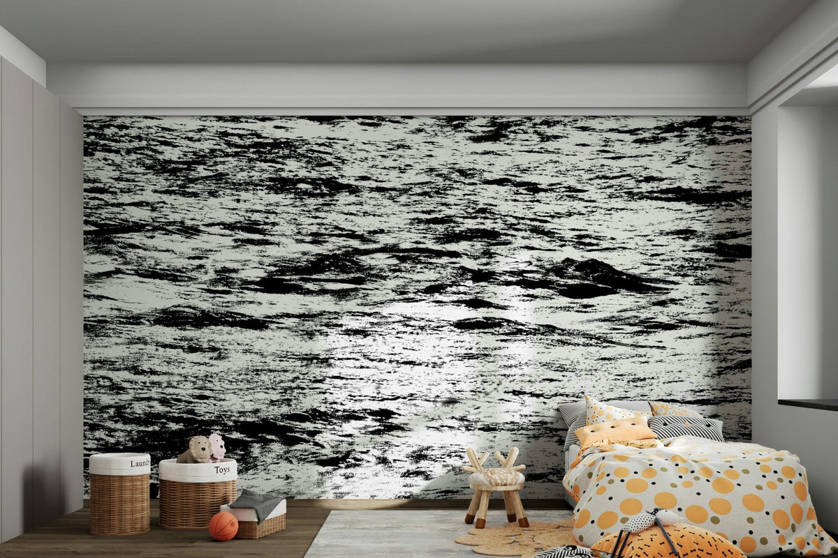 Surf wall mural showing a lone figure on a high-contrast black and white sea GD4944
