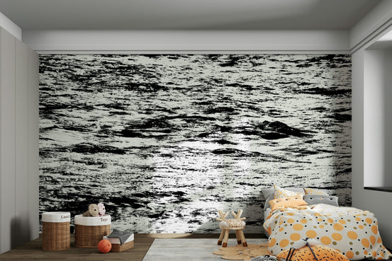 Surf wall mural showing a lone figure on a high-contrast black and white sea GD4944
