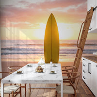 Kitchen styled in Surf's Up wall mural with soft ocean waves and warm sky, GD8699