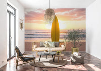 A centered surfboard anchors this Surf's Up Serenity wall mural at sunset, GD8699