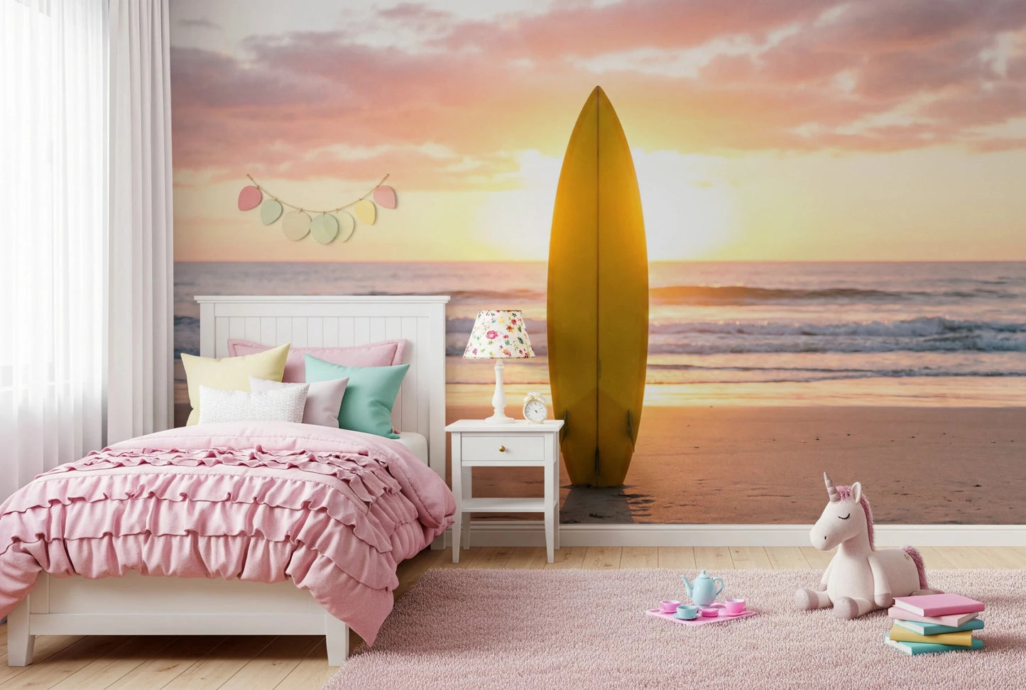 Kids room featuring Serenity Wall Mural with yellow surfboard on a sandy beach, GD8699