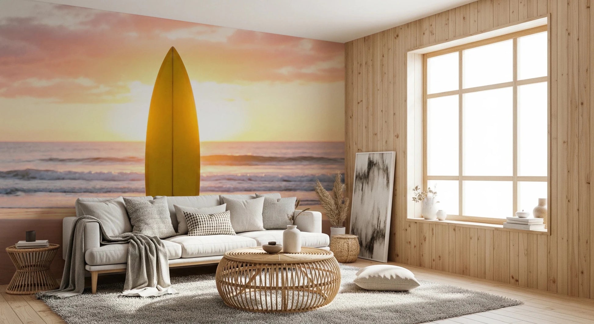 Pink clouds and ocean glow define this Surf's Up Serenity wall mural beautifully, GD8699