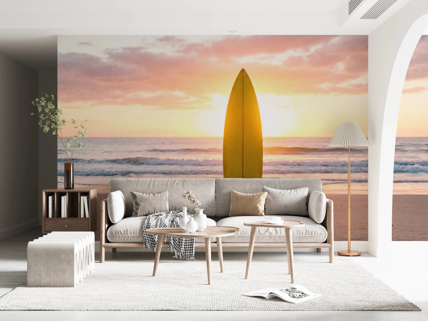 Living room with Surf's Up Serenity wall mural and a glowing sunset surfboard scene, GD8699