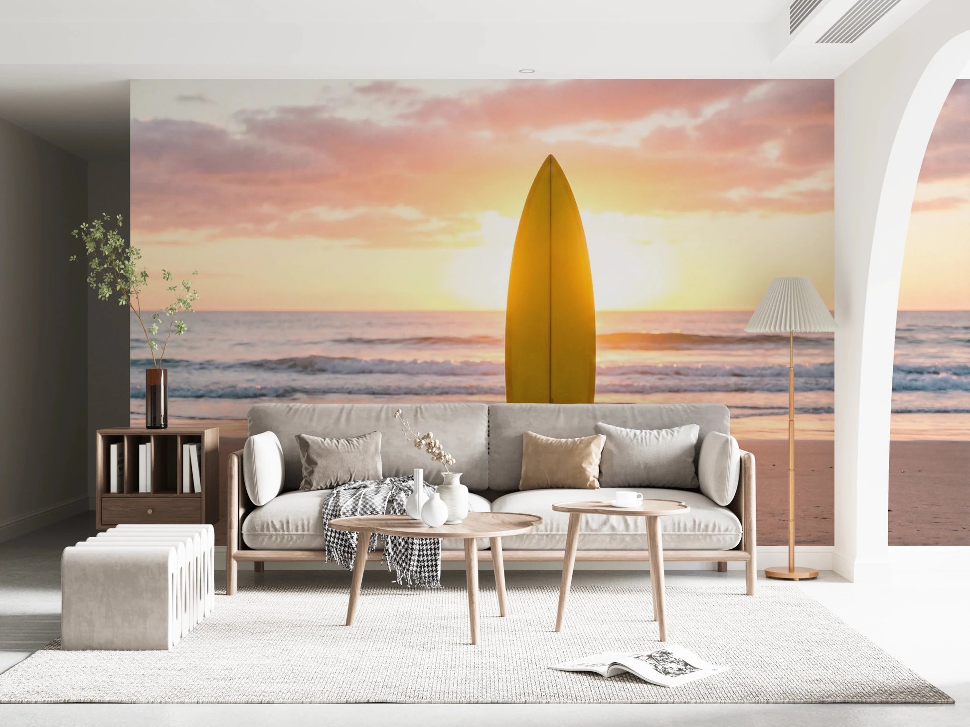 Living room with Surf's Up Serenity wall mural and a glowing sunset surfboard scene, GD8699