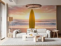 Sunset reflections brighten this Surf's Up wall mural with a surfboard focal point, GD8699