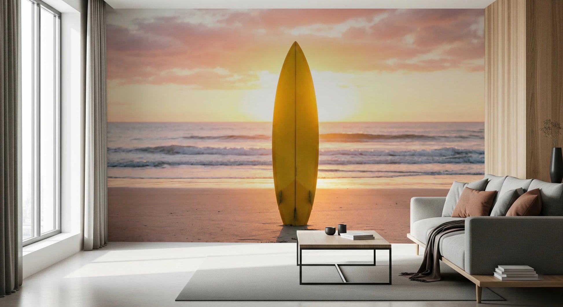 Office wall finished with Surf's Up Serenity wall mural and coastal sunset light, GD8699
