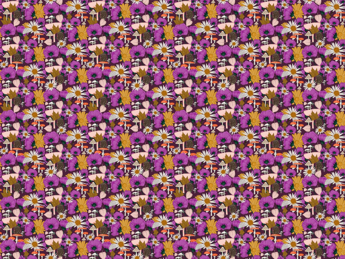 Wild Flowers and Mushrooms Purple Wallpaper