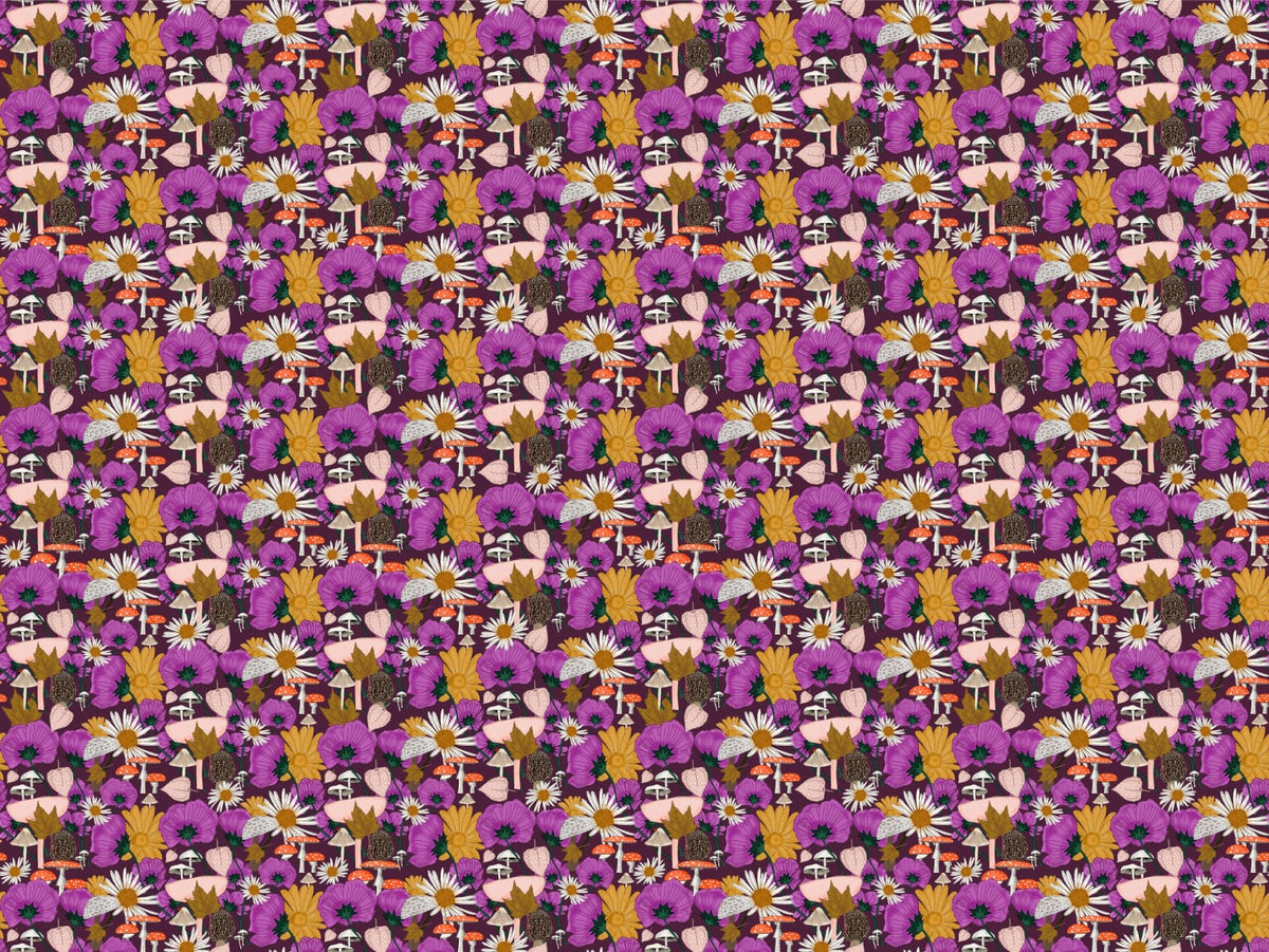 Wild Flowers and Mushrooms Purple Wallpaper