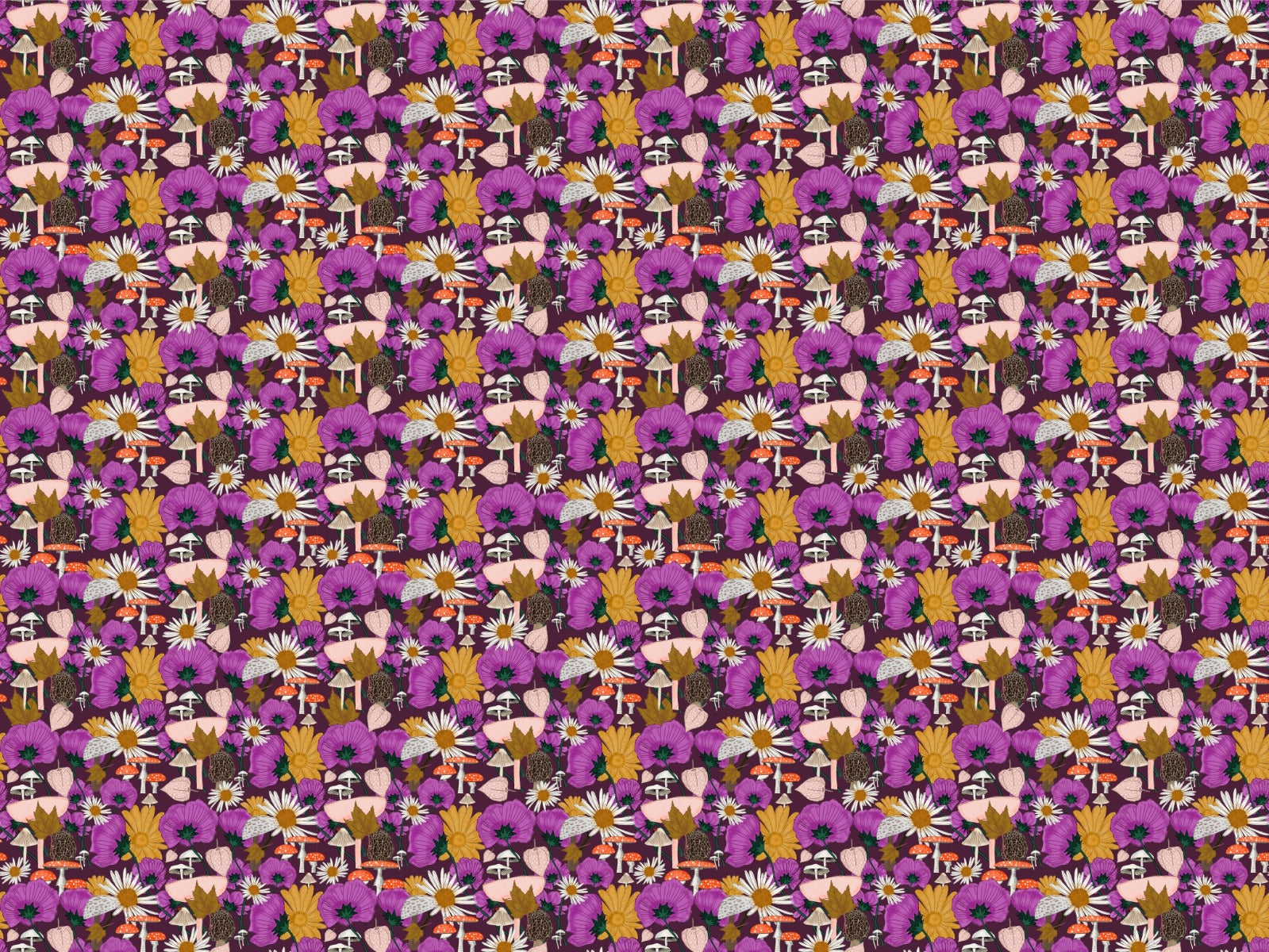 Wild Flowers and Mushrooms Purple Wallpaper