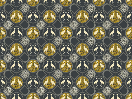 Art Deco White Heron Charcoal Wallpaper