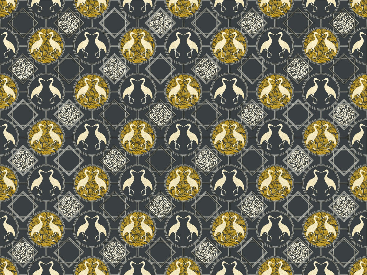 Art Deco White Heron Charcoal Wallpaper