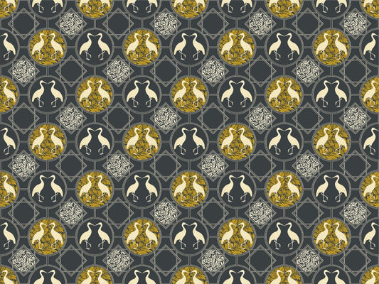 Art Deco White Heron Charcoal Wallpaper